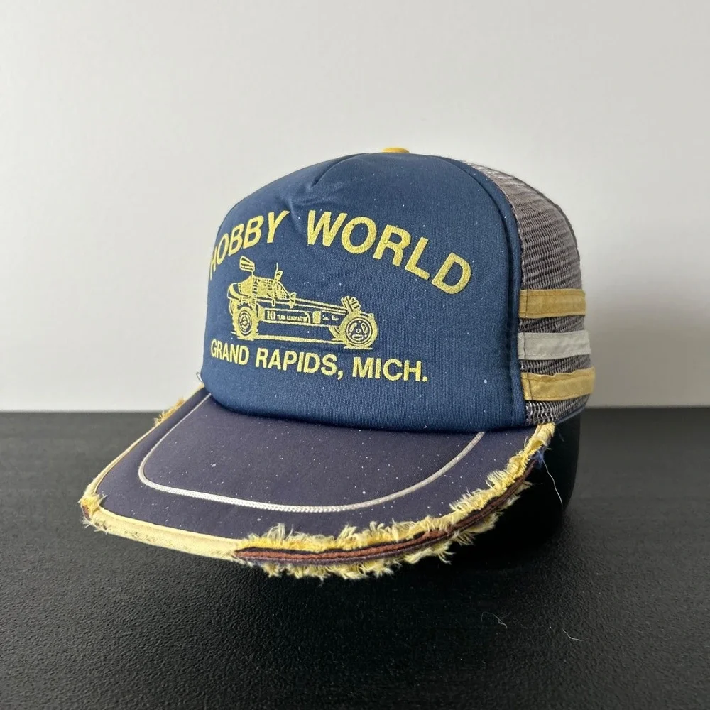 Vintage 80s Hobby World 3 Stripe Trucker Hat Cap Snap Back Adjustable Thrashed